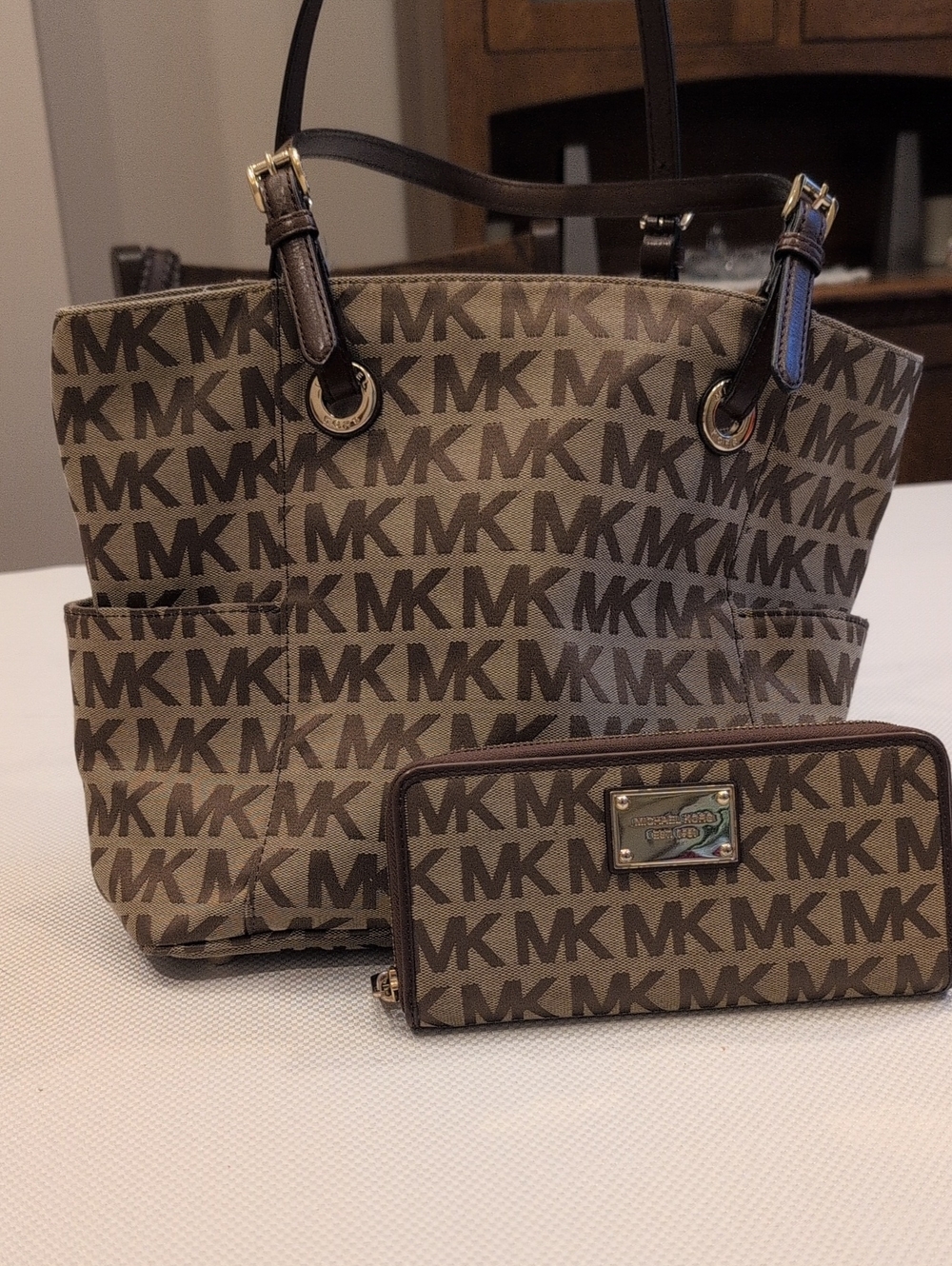Michael Kors Tan and Brown MK Logo Tote with Matching Wallet